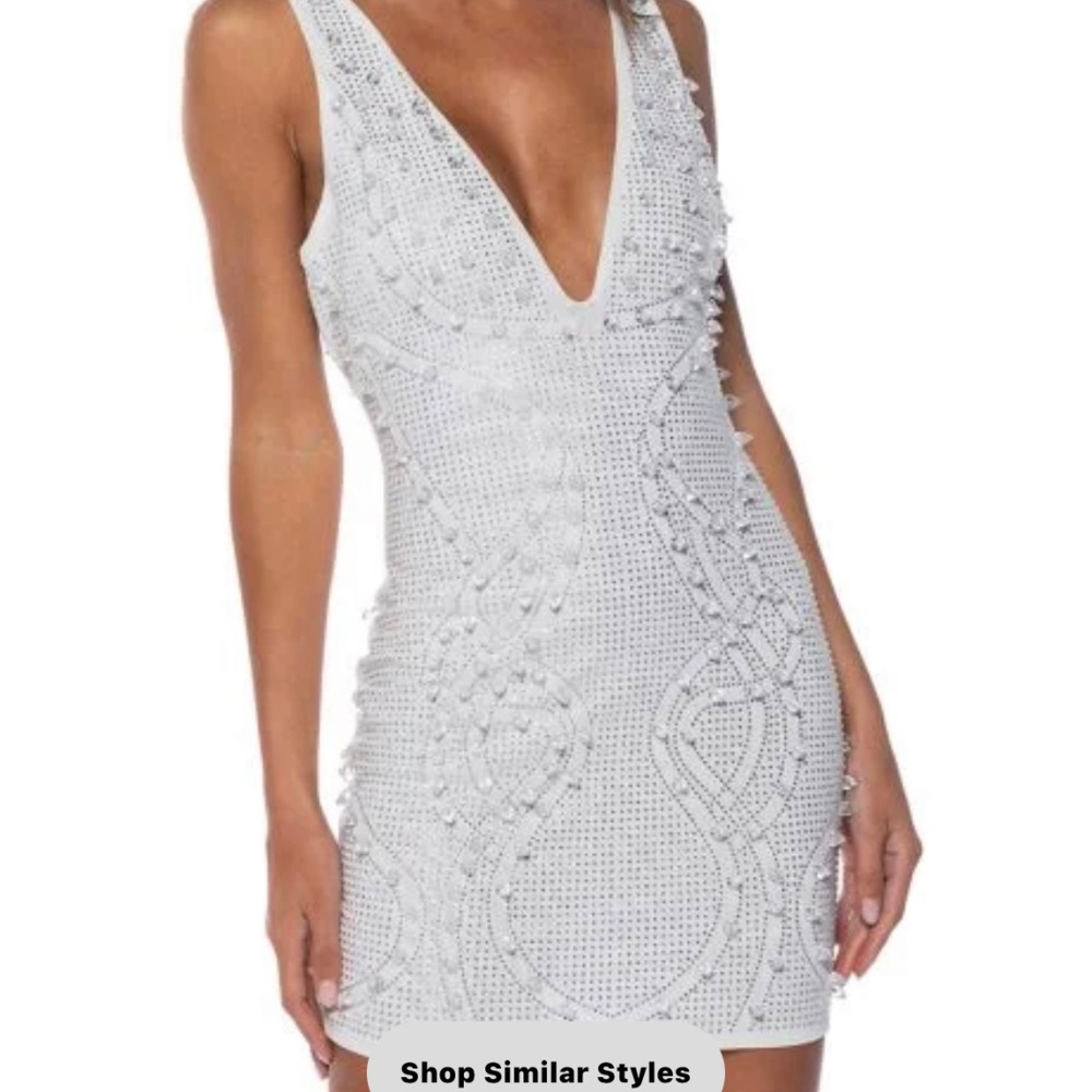 LIKE MAGIC EMBELLISHED DEEP V MINI DRESS In White